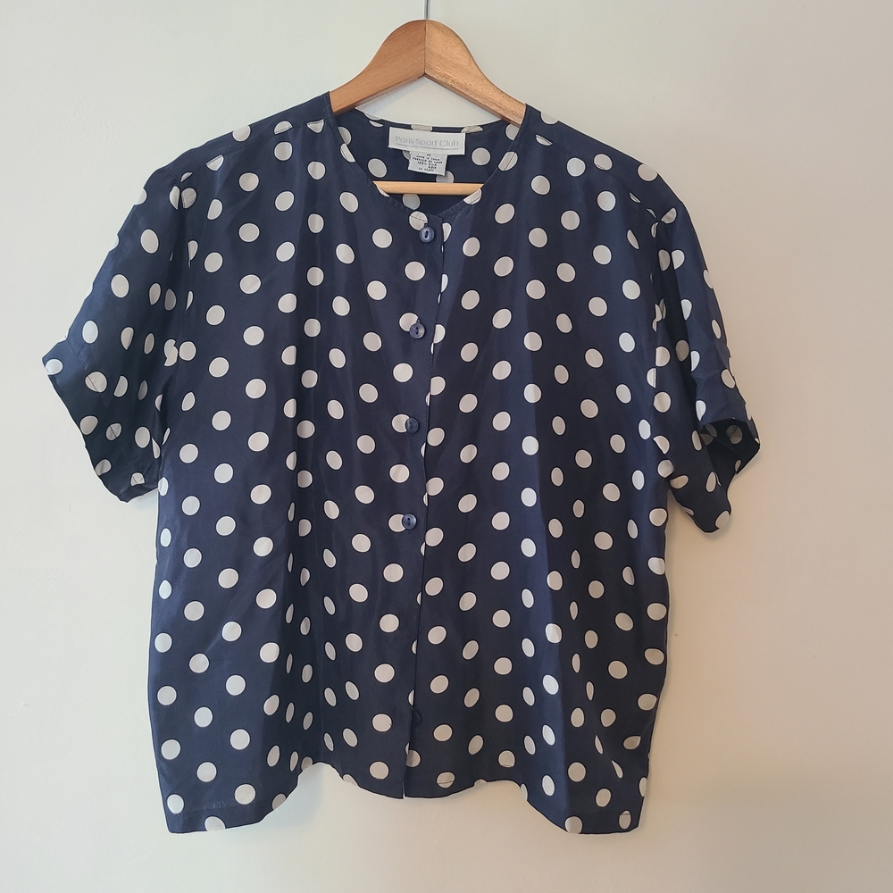 100% Silk Navy Polka Dot Button Down Shirt